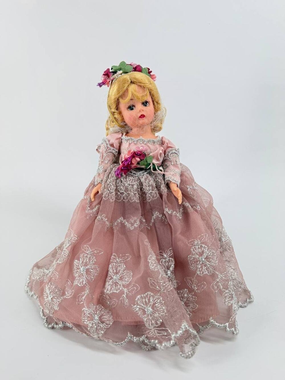 Unbranded Blonde Plastic Fashion Doll Pink Silver Lace Ball Gown Floral Crown